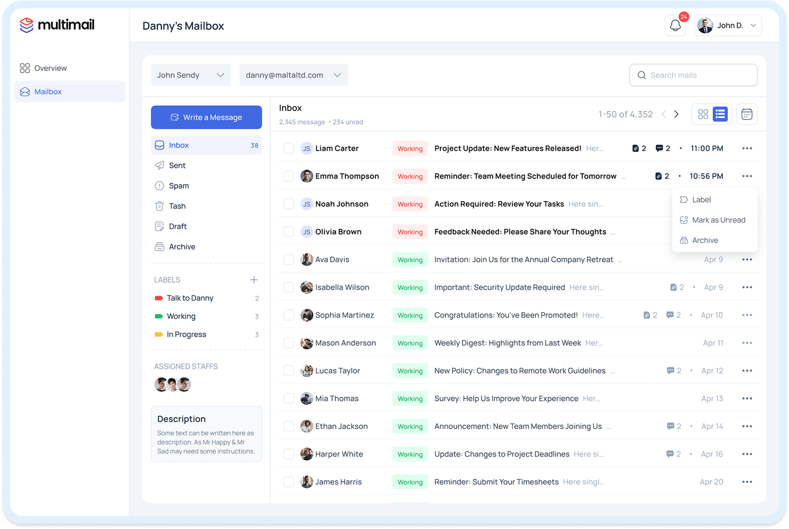 Dashboard UI - Email integration and mailbox sharing interface